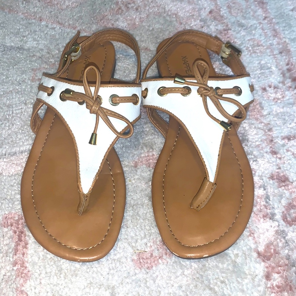 Size 7, white and tan sandals